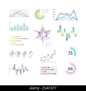 Thin line chart elements for infographic. Outline diagrams and linear graphs vector templates. Thin line chart elements for infographic. Outline diagrams and linear graphs vector templates. Charts and diagrams for business report or presentation Stock Vector