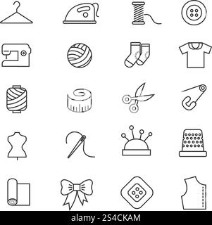 Thin lines fabric, sewing, tailor, knitting vector icons. Thin lines fabric, sewing, tailor, knitting vector icons. Set of accessories for handmade hobby illustration Stock Vector