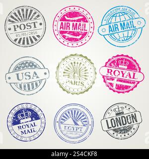 Retro postal stamps mail post office air vector set. Retro postage stamps for airmail vector. Set of stamp with name city, illustration of vintage stamps Stock Vector