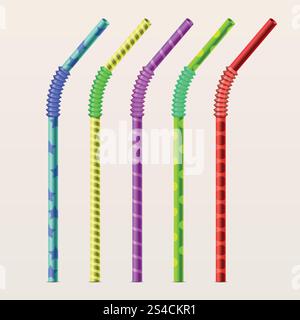 Colored drinking straws. Vector set. Colored drinking straws. Plastic straw tube for drink and stripe pipe straw flexible. Vector illustration set Stock Vector