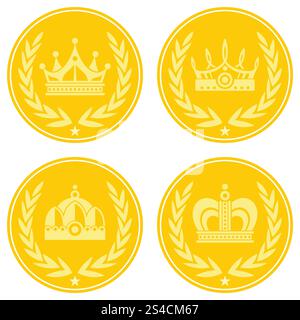 Yellow coin icons with crown on white background. Yellow coin icons with crown on white background. Golden coin icon, vector illustration Stock Vector