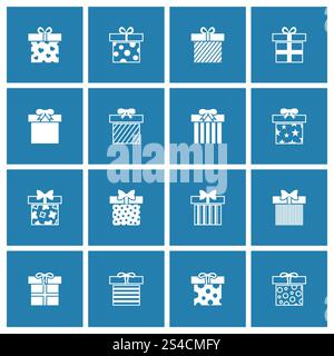Gift boxes vector icons set in white blue. Gift boxes vector icons set in white blue color. Birthday and christmas illustration Stock Vector