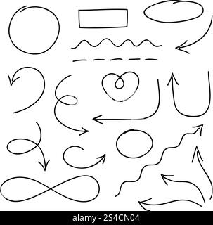 Arrows, circles and doodle symbols vector set. Arrows, circles and doodle symbols vector set. Line arrow sign and drawing doodle arrows illustration Stock Vector