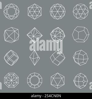 Gem crystal geometric shapes vector set. Gem crystal geometric shapes set. Linear polygon stone or diamond, vector illustration Stock Vector