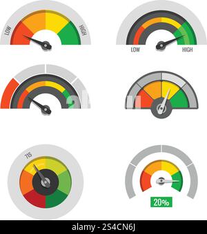 Speedometer indicators gauges low, moderate and high measurement levels vector stock. Speedometer indicators gauges low, moderate and high measurement levels vector stock. Level and rating illustration Stock Vector
