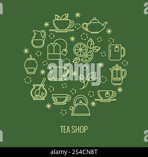 Green tea outline icons in circle design. Trendy thin line logo for shop. Green tea outline icons in circle design. trendy thin line logo for tea shop. Brew herbal tea, vector illustration Stock Vector