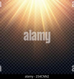 Realistic transparent yellow sun rays, warm orange flare effect isolated on checkered background. Realistic transparent yellow sun rays, warm orange flare effect isolated on checkered background. Sunshine from star, sunbeam bright illustration Stock Vector