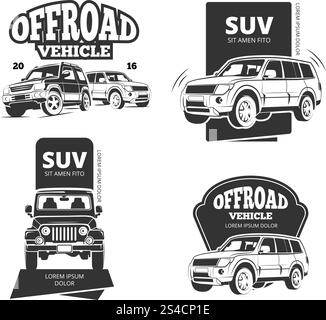 Vintage suv car vector badges, labels, logos. Suv car vector badges and offroad labels. Suv offroad car logo set or 4x4 transport emblems Stock Vector