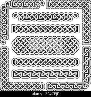 Celtic knots vector medieval seamless borders, patterns, and ornament corners. Pattern brushes set. Celtic knots medieval seamless borders, patterns, and ornament corners. Vector pattern brushes set. Structure of scottish pattern illustration Stock Vector