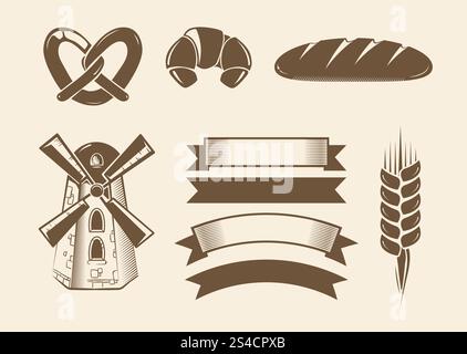 Elements for vintage vector bakery logotypes logos badges labels and emblems. Elements for vintage vector bakery logotypes logos badges labels and emblems. Bakery element for logotype and graphic, bakery label illustration Stock Vector