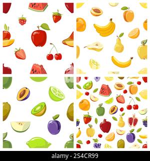 Set of vector fruits seamless patterns. Set of vector fruits seamless patterns background. Kiwi plum and cherry illustration Stock Vector