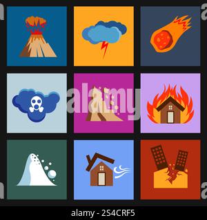 Flat disaster, damage vector icons. Flat disaster, damage vector icons. Volcano and meteorite, poisonous cloud and rockfall illustration Stock Vector