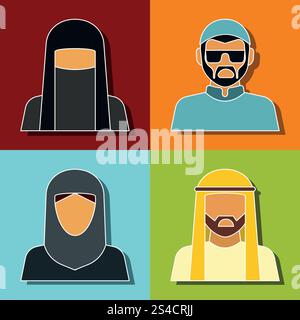 Middle Eastern people avatar. Middle Eastern people avatar. Woman and man isolated on color backdrop. Vector illustration Stock Vector
