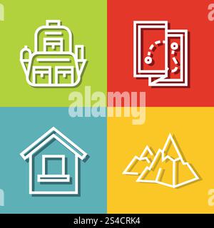 Road tourist icons in line style on color background. Road tourist icons in line style on color background. Mountain hiking, map and backpack. Vector illustration Stock Vector