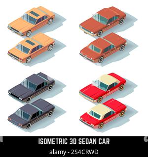 Isometric 3D sedan car, city transport vector icons. Isometric 3D sedan car, city transport vector icons. Transport car for traffic, auto car set isometric icon illustration Stock Vector