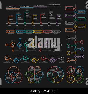 Business infographic elements collection vector timelines and charts for presentation booklet. Business infographic elements collection vector timelines and charts for presentation booklet. Analytics report and diagram, color info on linear style illustration Stock Vector