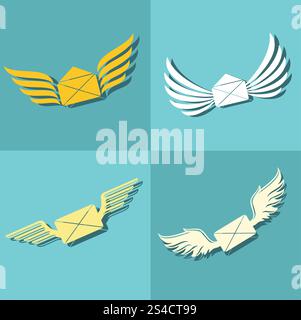 Mail with wings icons on blue background. Mail with wings icons on blue background. Delivery message in envelope. Vector illustration Stock Vector