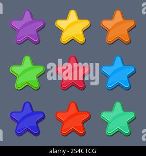Vector cartoon color glossy stars, shiny buttons. Set of star for ui, illustration of stars for design game interface. Vector cartoon color glossy stars, shiny buttons Stock Vector