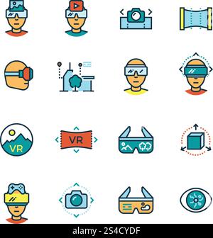 Virtual reality on computer, visual communication innovation. Virtual reality, virtual computer, visual communication innovation future technologies thin line icons with color flat elements. Vector illustration Stock Vector
