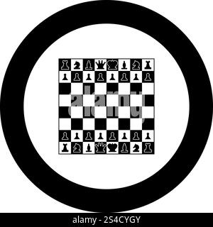 Chessboard and chess pieces line figures icon black color in round circle vector illustration Stock Vector
