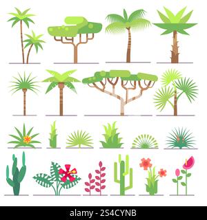 Different types of tropical plants, trees, flowers flat vector collection. Different types of tropical plants, trees, flowers flat vector collection. Flower and exotic palm illustration Stock Vector