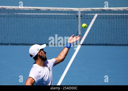 January 11, 2025: MELBOURNE, AUSTRALIA - JANUARY 11: Novak Djokovic of Serbia during practice ahead of the 2025 Australian Open at Melbourne Park on January 11, 2025 in Melbourne, Australia. (Credit Image: © Chris Putnam/ZUMA Press Wire) EDITORIAL USAGE ONLY! Not for Commercial USAGE! Stock Photo