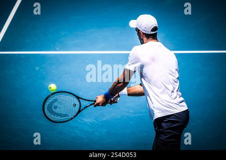 January 11, 2025: MELBOURNE, AUSTRALIA - JANUARY 11: Novak Djokovic of Serbia during practice ahead of the 2025 Australian Open at Melbourne Park on January 11, 2025 in Melbourne, Australia. (Credit Image: © Chris Putnam/ZUMA Press Wire) EDITORIAL USAGE ONLY! Not for Commercial USAGE! Stock Photo