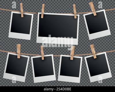 Retro photo frames hanging on rope isolated on checkered transparent ...