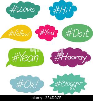 Hashtag words in speech bubble vector set. Hashtag words in speech bubble vector set. Hash tag message wording illustration Stock Vector