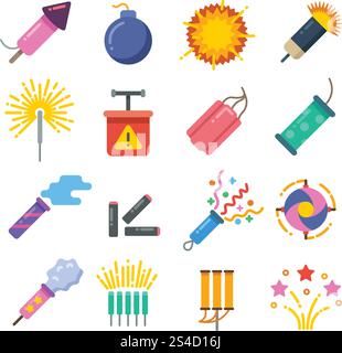 Holiday fire crackers, sparklers, fireworks and pyrotechnics flat vector icons. Explosion pyrotechnic and firecracker, sparkle colorful from pyrotechnic dynamite illustration. Holiday fire crackers, sparklers, fireworks and pyrotechnics flat vector icons Stock Vector