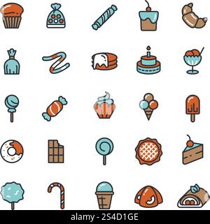 Candy, desserts, ice cream, sweets, donut vector icons. Collection of desserts cake and chocolate, taste cup cake and croissant illustration. Candy, desserts, ice cream, sweets, donut vector icons Stock Vector