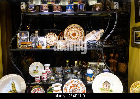 Souvenir shop window with traditional romanian craft products in Oradea, Bihor County, Romania Stock Photo