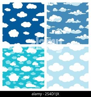 Blue sky and white clouds seamless patterns set. Blue sky and white clouds seamless pattern. Set of background weather. Vector illustration Stock Vector