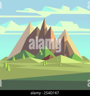 Origami landscape in 3d low poly style with mountains, trees and sky. Polygon geometric mountain, landscape with mountains illustration. Origami landscape in 3d low poly style with mountains, trees and sky Stock Vector