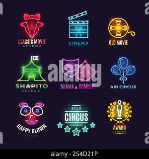 Neon circus, cinema, movie vector vintage labels. Neon circus, cinema, movie vector vintage labels. Entertainment film and award cinema illustration Stock Vector