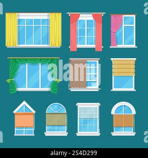 Flat vector window with curtains, drapery, shades blinds. Flat vector window with curtains, drapery and shades blinds. Modern decor and interior for room illustration Stock Vector