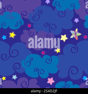 Vector cartoon clouds and stars nighttime seamless pattern. Wallpaper background dreamland illustration. Vector cartoon clouds and stars nighttime seamless pattern Stock Vector