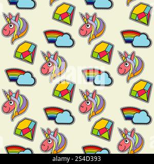 Vector patch unicorns and rainbows seamless pattern. Comic fun elements illustration. Vector patch unicorns and rainbows seamless pattern Stock Vector