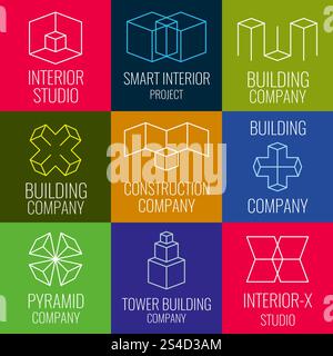 Architectural firm, interior design studios, construction company line vector logos with 3D isometric cubes structure. Set of logo for building company, illustration of structure logo. Architectural firm, interior design studios, construction company line vector logos with 3D isometric cubes structure Stock Vector