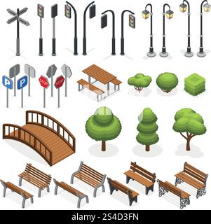 Urban city street miniature isometric vector objects, benches, trees, streetlight, seats, road signs. Urban object bench and tree, elements for urban design illustration. Urban city street miniature isometric vector objects, benches, trees, streetlight, seats, road signs Stock Vector