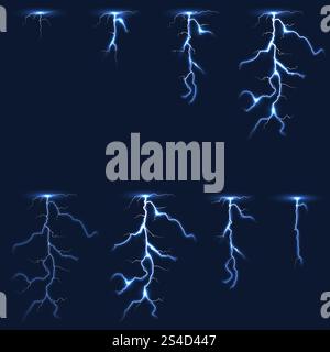 Lightning, thunderbolt fx animation frames sprite vector illustration. Electricity thunderbolt danger, light electric powerful thunder bolt. Lightning, thunderbolt fx animation frames sprite vector illustration Stock Vector
