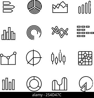 Graph, data chart, statistics data representation, business diagram vector thin line icons. Data statistic graph and diagram symbol illustration. Graph, data chart, statistics representation, business diagram vector thin line icons Stock Vector