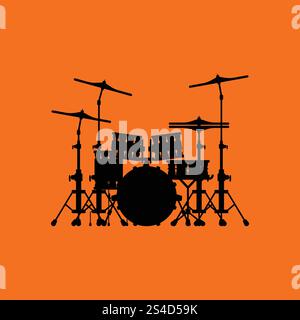 Drum set icon. Orange background with black. Vector illustration. Stock Vector