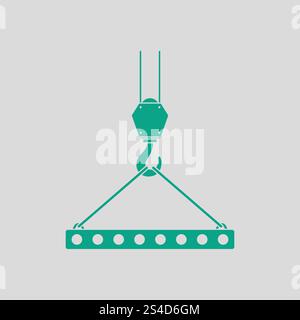 Icon of slab hanged on crane hook by rope slings . Gray background with green. Vector illustration. Stock Vector