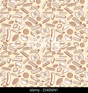Hand drawn italian cuisine pasta vector seamless pattern. Restaurant italian background with type of pasta spirale and pennoni, conchiglie and sedani illustration. Hand drawn italian cuisine pasta vector seamless pattern Stock Vector