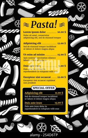 Vintage italian pasta menu vector mockup. Template of menu, illustration of italian restaurant menu. Vintage italian pasta menu vector mockup Stock Vector