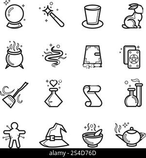 Magic and magician tools thin line vector icons. Bottle with magic potion, vector linear flask for magic illustration. Magic and magician tools thin line vector icons Stock Vector