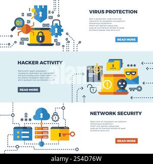 Online communication security, computer protection vector web banners set. Protect computer firewall, protect access to network illustration. Online communication security, computer protection vector web banners set. Stock Vector