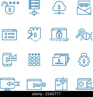 Internet protection and social security outline vector icons. Internet security system, web shield firewall for internet illustration. Internet protection and social security outline vector icons Stock Vector