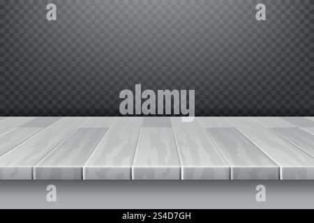 Wood white desk, table top surface in perspective isolated on plaid backdrop vector illustration. Board table surface, hardwood frame table panel. Wood white desk, table top surface in perspective isolated on plaid backdrop vector illustration Stock Vector